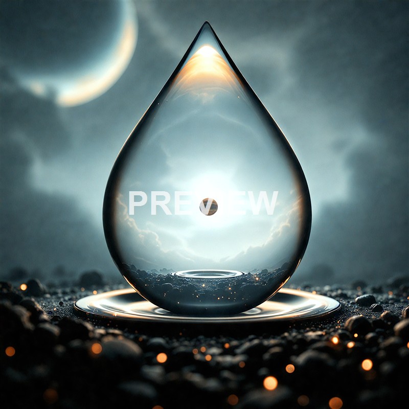 A highly reflective, glass-like teardrop-shaped object with a scene of clouds, the sun, and a planet reflected inside, placed on a textured surface with small rocks and glowing points of light.